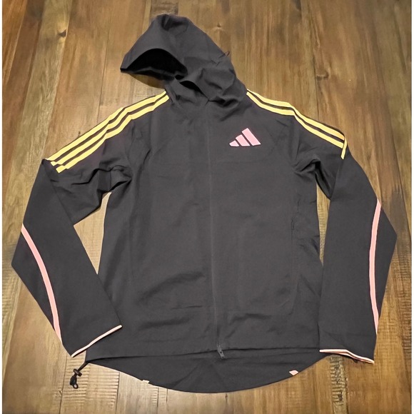 Adidas Men's Lightweight Hooded Jacket Gray Yellow Pink Stripes Athletic Size XS - Picture 4 of 9